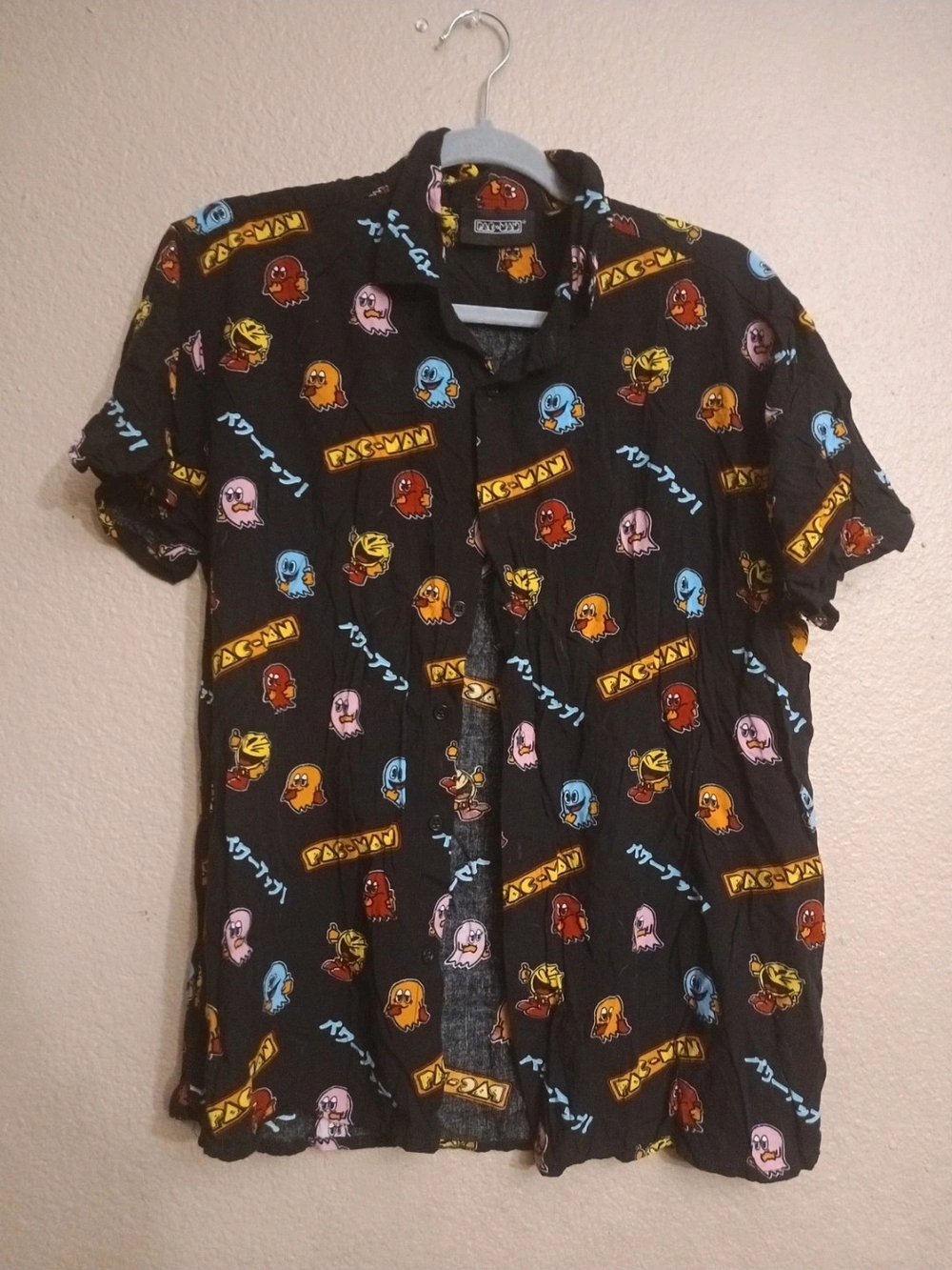 Pac-Man Black Short Sleeve Button-Down Shirt with Character Print